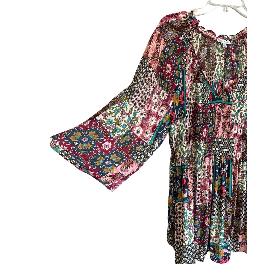 Floral‎ & Ivy Woman Patchwork Floral Smocked Boho Blouse 1X Multicolor Fairycore - Picture 8 of 8